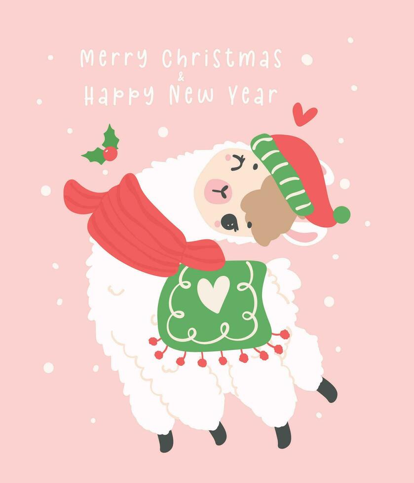 mignonne Noël lama salutation carte dans hiver thème, kawaii content Nouveau année dessin animé animal main dessin illustration vecteur