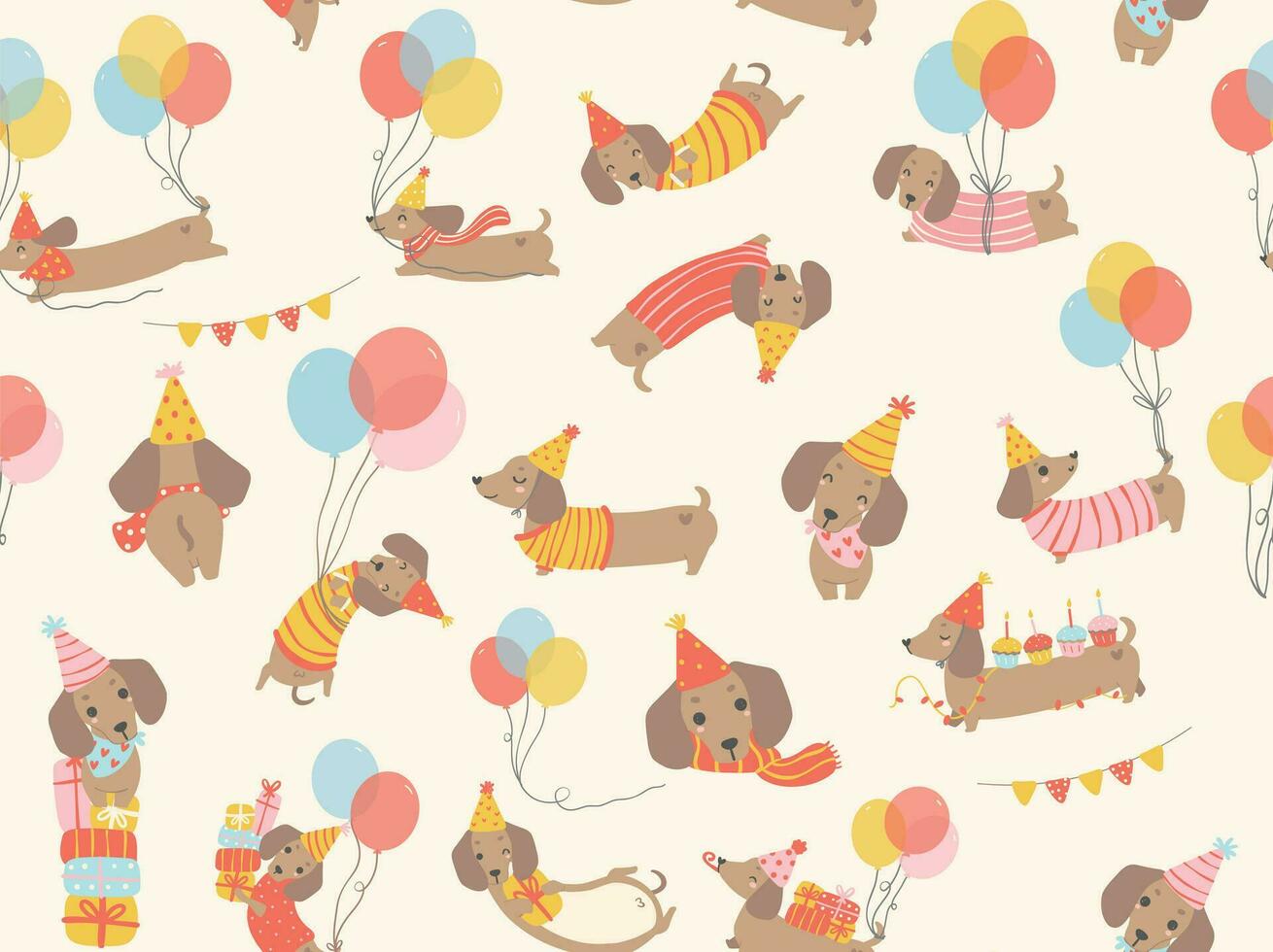 mignonne anniversaire chien modèle sans couture Contexte avec fête teckel saucisse chien dessin animé illustration. vecteur