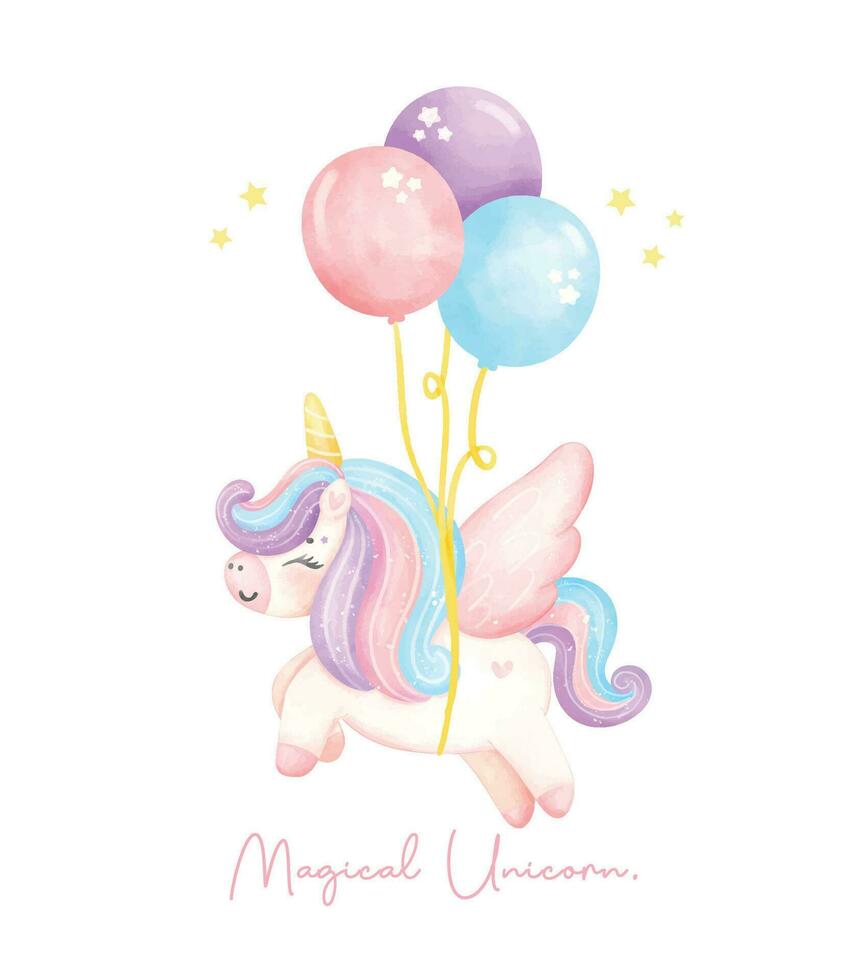 mignonne Licorne avec aile flottant par des ballons aquarelle garderie art illustration. magique Licorne. vecteur