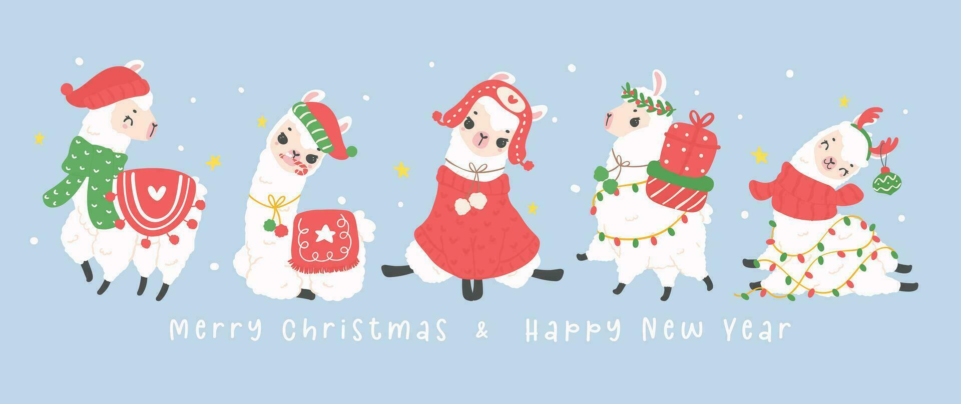 mignonne Noël lamas salutation carte bannière dans hiver thème, kawaii content Nouveau année dessin animé animal main dessin illustration vecteur