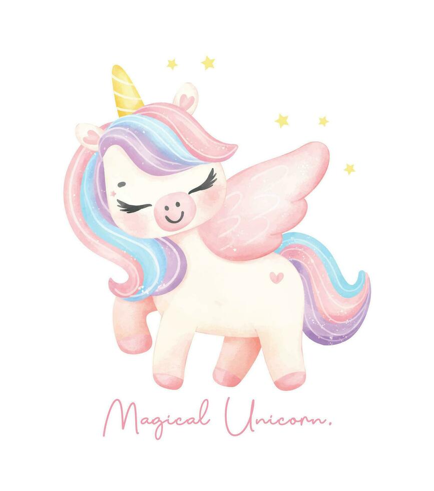 mignonne Licorne avec aile magique poney aquarelle rêveur garderie art illustration. magique Licorne. vecteur