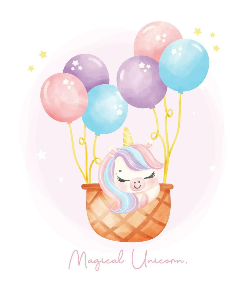 mignonne Licorne avec des ballons dans panier aquarelle garderie art illustration. magique Licorne. vecteur