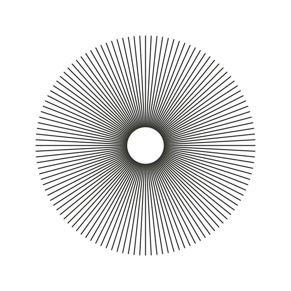 radial cercle lignes. géométrique abstrait élément. rayons rayonnant rayures. conception contour élément. circulaire Facile rayonnant lignes. Soleil étoile des rayons icône. illusion forme. vecteur graphique illustration.