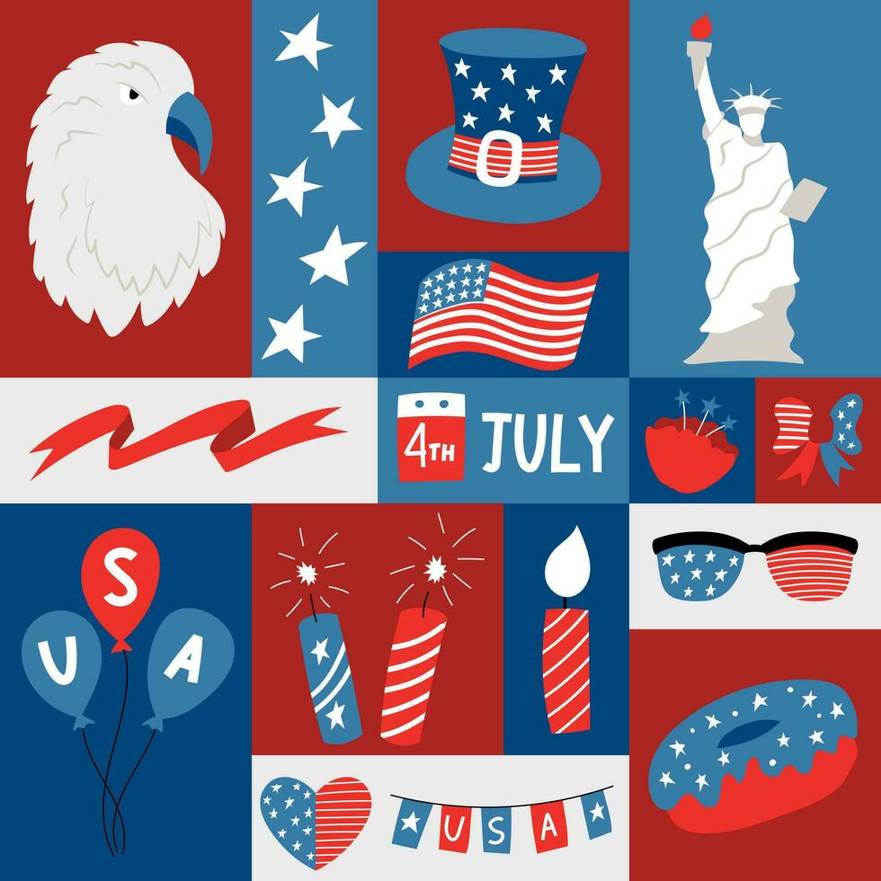 carré graphique affiche avec nationale symboles de Etats-Unis indépendance journée. géométrique salutation carte pour 4e de juillet. patriotique éléments dans plat dessin animé style. rétro ancien couleurs. vecteur illustration.