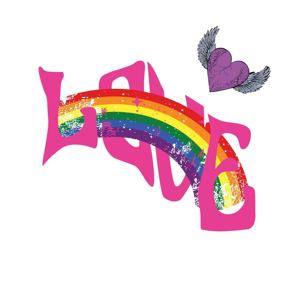 mot l'amour dans hippie style avec une arc en ciel et une petit ailé cœur. bien illustration pour gay fierté. vecteur