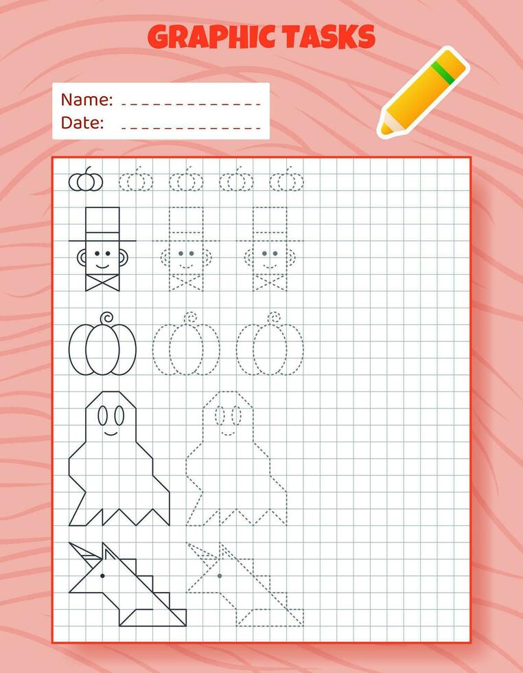 dessin par cellules. éducatif Jeu pour préscolaire les enfants. feuilles de travail pour pratiquant logique et moteur compétences. Jeu pour enfants. graphique Tâches avec différent objets et éléments. vecteur illustration