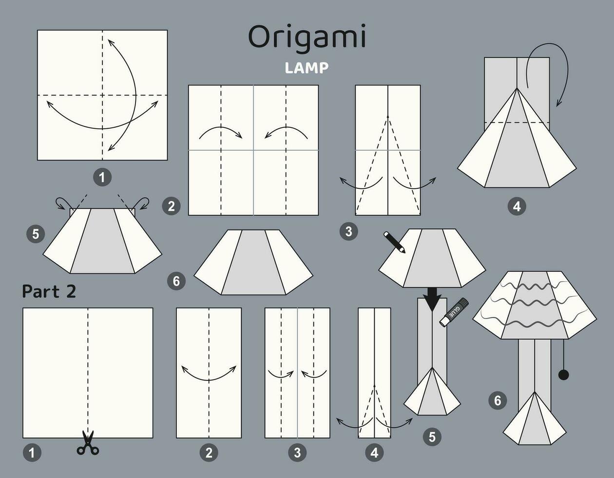 lampe origami schème Didacticiel en mouvement modèle. origami pour enfants. étape par étape Comment à faire une mignonne origami sol lampe. vecteur illustration.