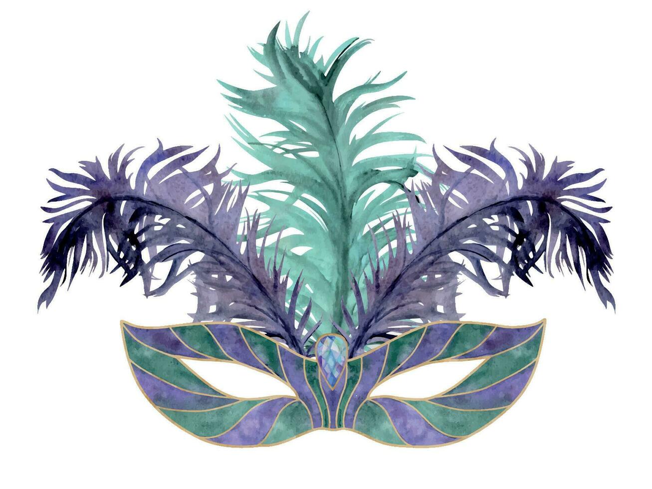 main tiré aquarelle mardi gras carnaval symboles. théâtre mascarade cirque masque avec plumes, or violet vert. Célibataire objet isolé sur blanc Contexte. conception pour fête invitation, imprimer, magasin vecteur