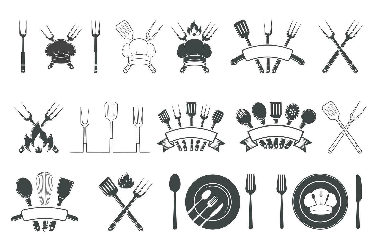 cuisine équipement paquet vecteur, cuillère vecteur , restaurant équipement , coutellerie couteau cuillère fourchette silhouette, couteau cuillère fourchette empaqueter, illustration paquet