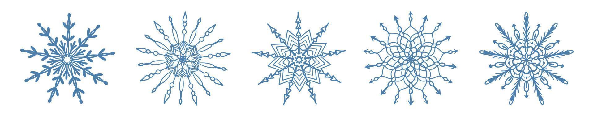 ensemble d'icône de flocon de neige bleu dessiné à la main isolé sur fond blanc. Élément de conception d'hiver collection d'illustrations vectorielles en cristal de gel de flocon de neige. vecteur