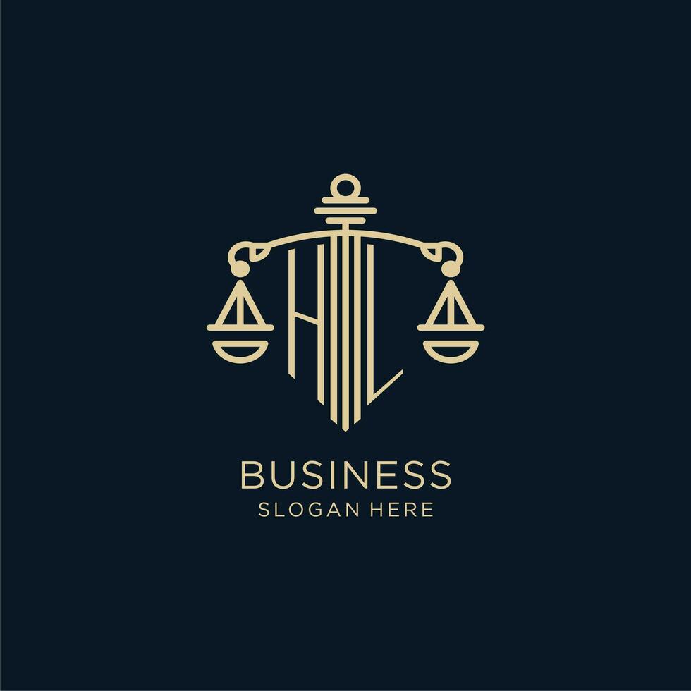 initiale hl logo avec bouclier et Balance de justice, luxe et moderne loi raffermir logo conception vecteur
