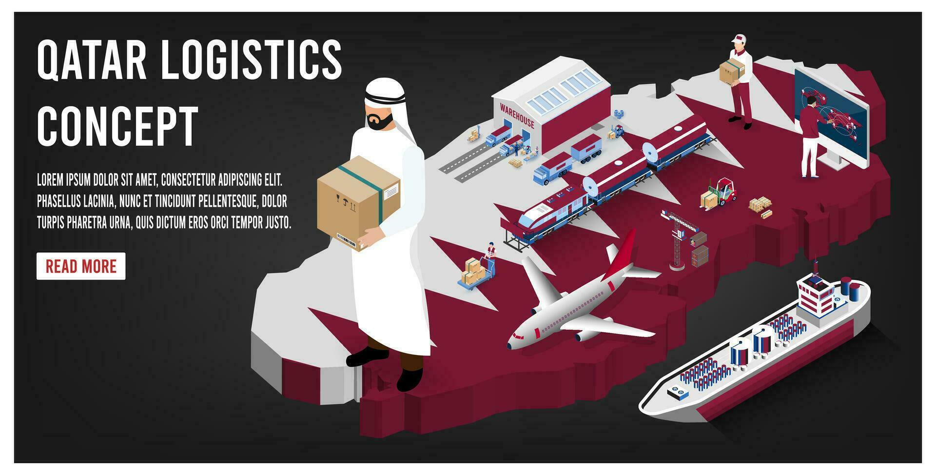 moderne isométrique concept de Qatar transport avec global logistique, entrepôt logistique, mer cargaison logistique. facile à Éditer et Personnaliser. vecteur illustration