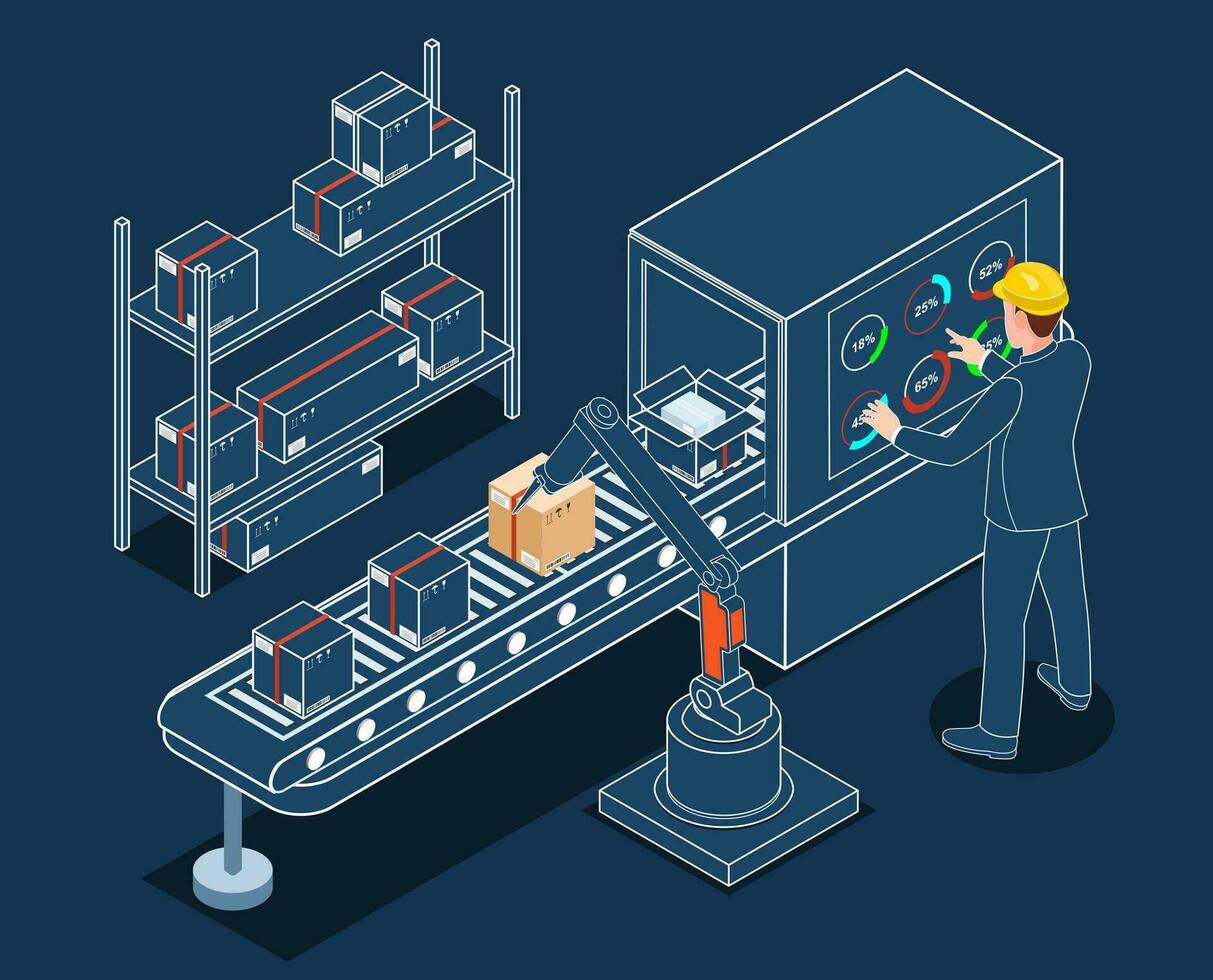 ceinture convoyeur dans industriel plante concept avec entrepôt automatisation système et autonome robot transport opération service. vecteur illustration eps dix