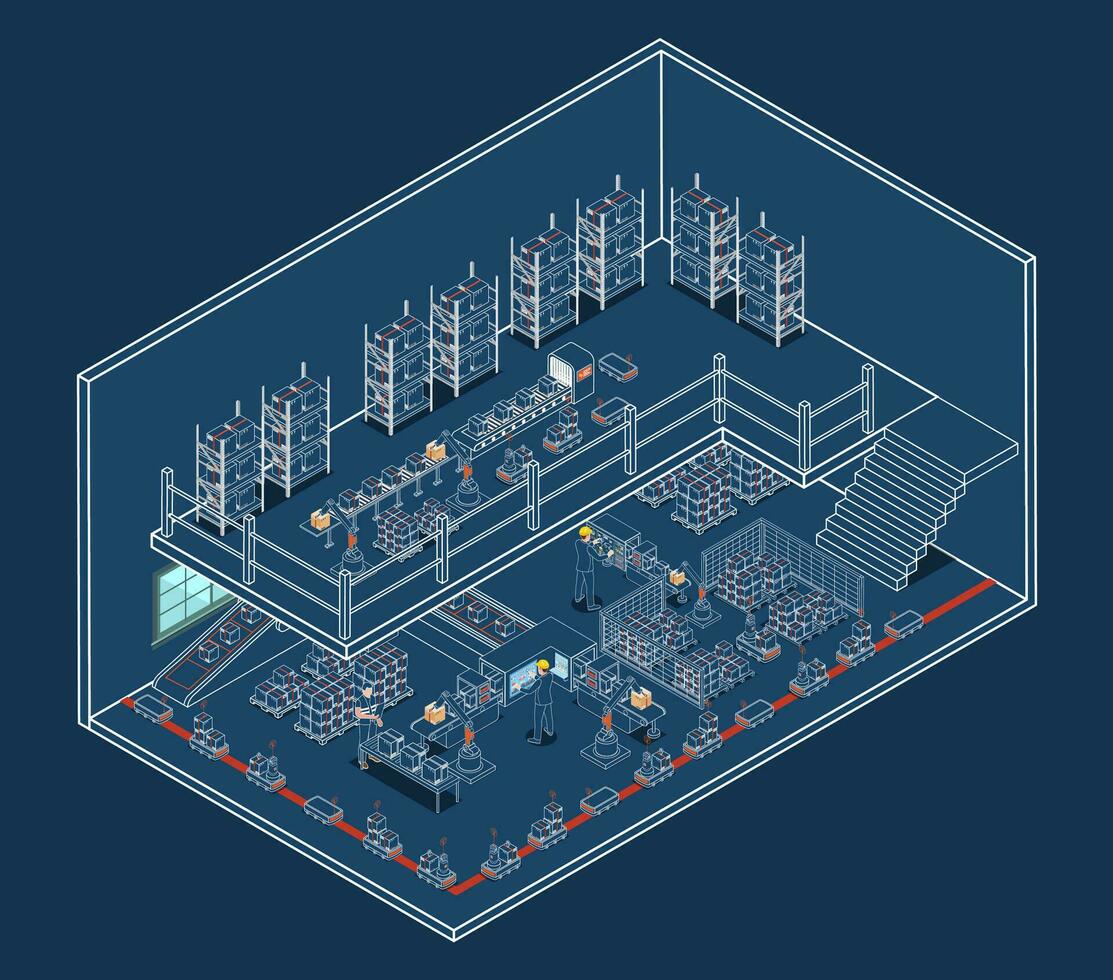 3d isométrique intelligent entrepôt la gestion système avec entrepôt simulation, logistique la flexibilité, robotique processus automatisation et précis inventaire compte. vecteur illustration eps10