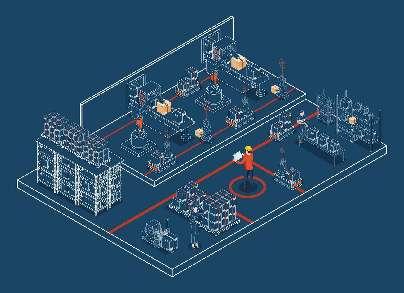 automatique entrepôt des robots et intelligent entrepôt La technologie concept avec entrepôt automatisation système, autonome robot, transport opération service. vecteur illustration eps dix