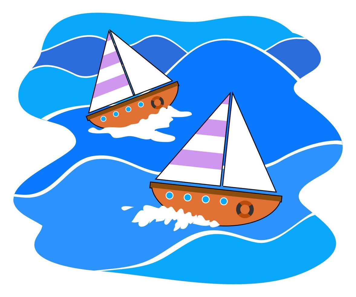 bateaux nautiques simples naviguant le long de la mer ondulée vecteur