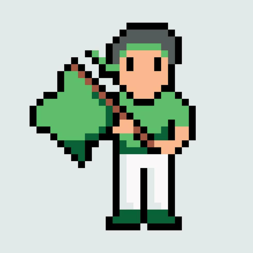 pixel pixel homme en portant une vert drapeau vecteur