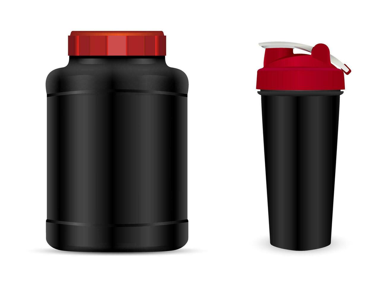 vecteur ensemble de sport nutrition récipient modèles avec rouge casquettes isolé sur blanc Contexte. réaliste noir Plastique pot, Mixeur et boisson bouteilles.