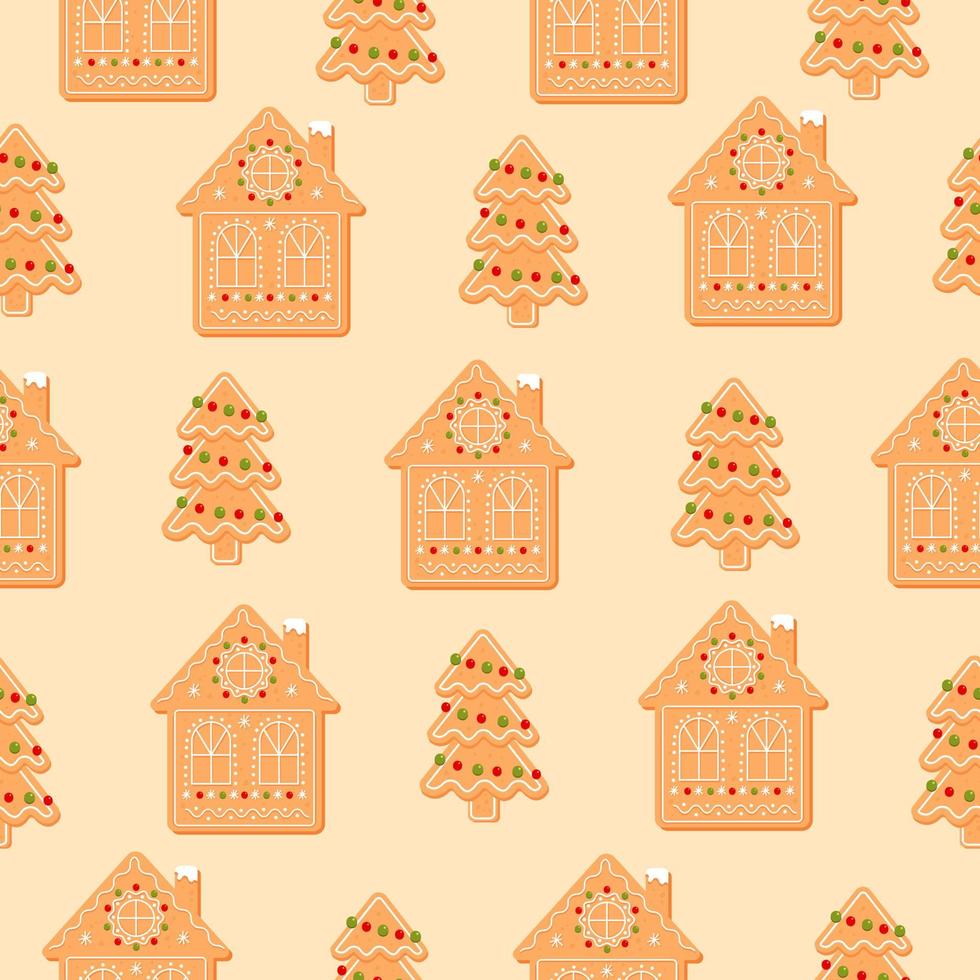 modèle sans couture avec arbre de Noël et maison. biscuits de pain d'épice sur fond beige. nouvel an icône illustration vectorielle plane. vecteur