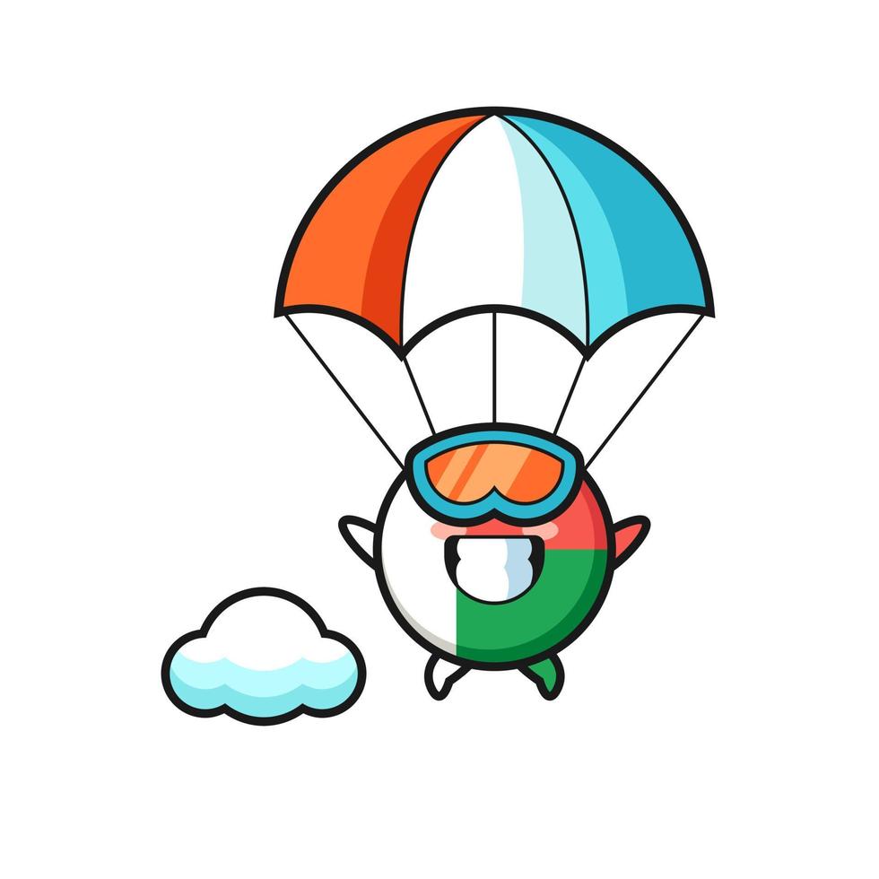 La bande dessinée de mascotte d'insigne de drapeau de madagascar saute en parachute avec un geste heureux vecteur