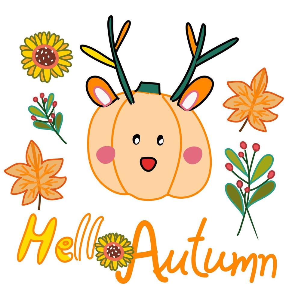 bonjour carte d'automne avec citrouille chérie avec érable et feuilles de saison d'automne et vecteur de dessin animé dessiné à la main de tournesol