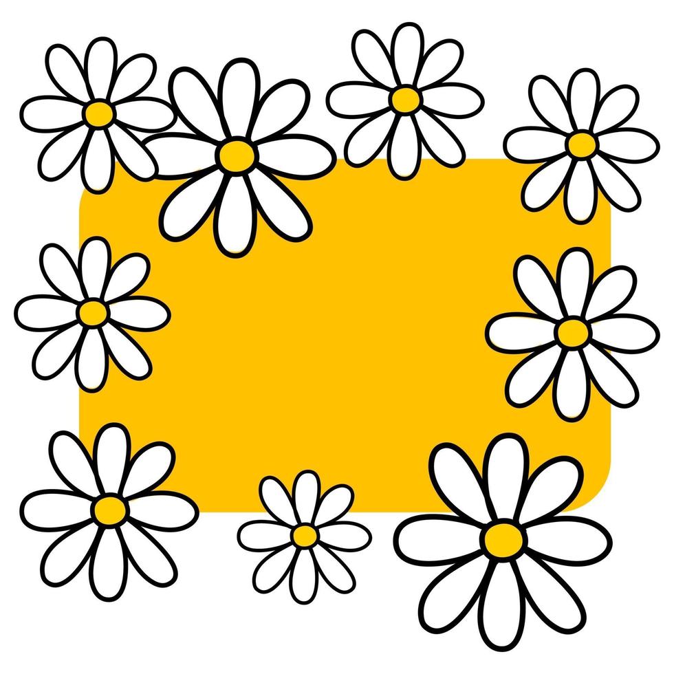 cadre de fleurs de marguerites blanches sur fond jaune dans un fond de style vecteur de dessin animé dessiné à la main avec des fleurs