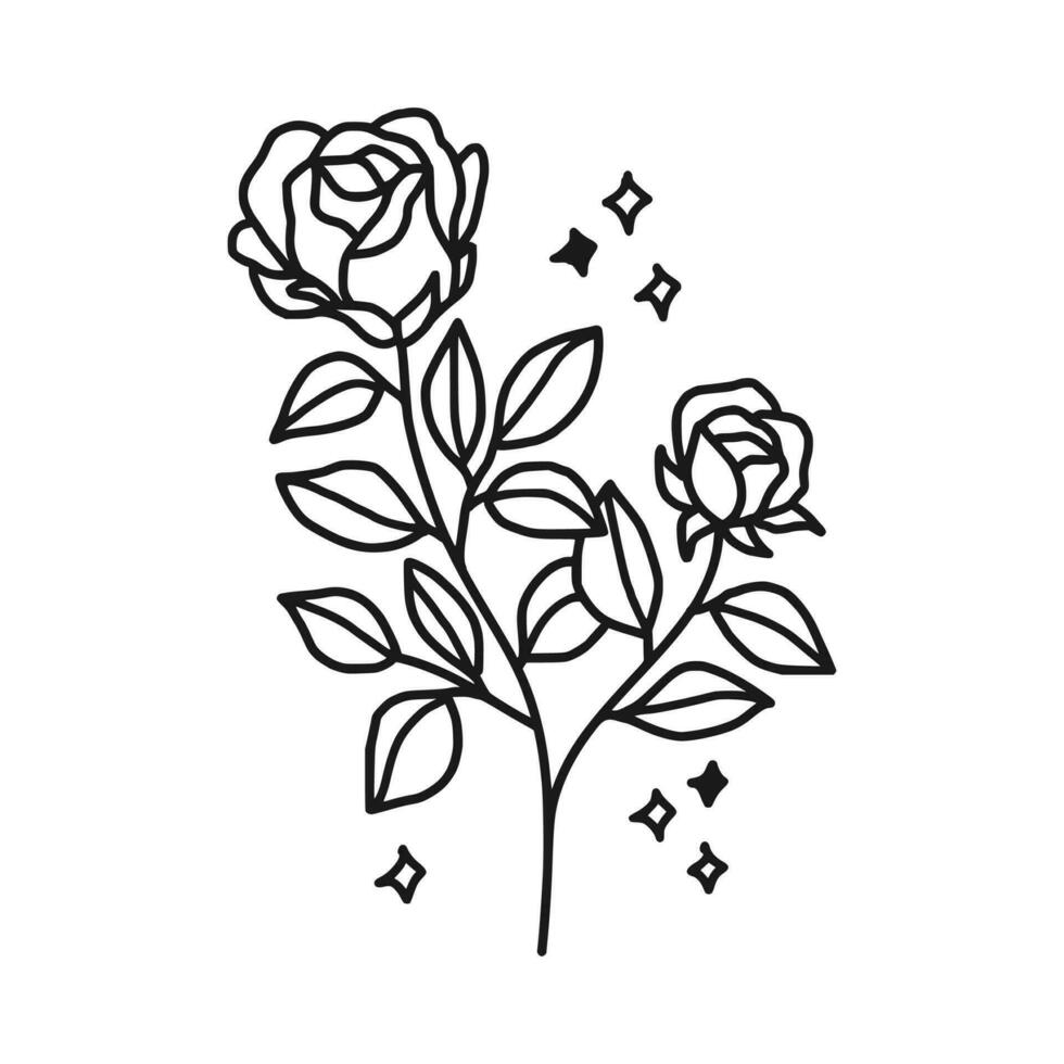 ancien main tiré Rose floral et feuille branche vecteur ligne art illustration