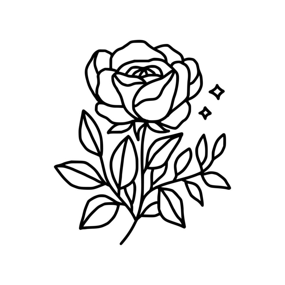 ancien main tiré Rose floral et feuille branche vecteur ligne art illustration