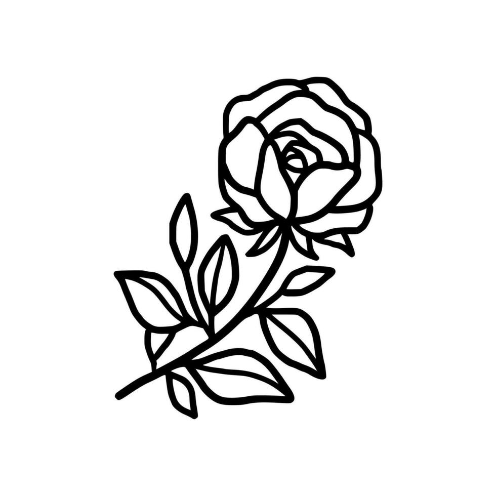 ancien main tiré Rose floral et feuille branche vecteur ligne art illustration