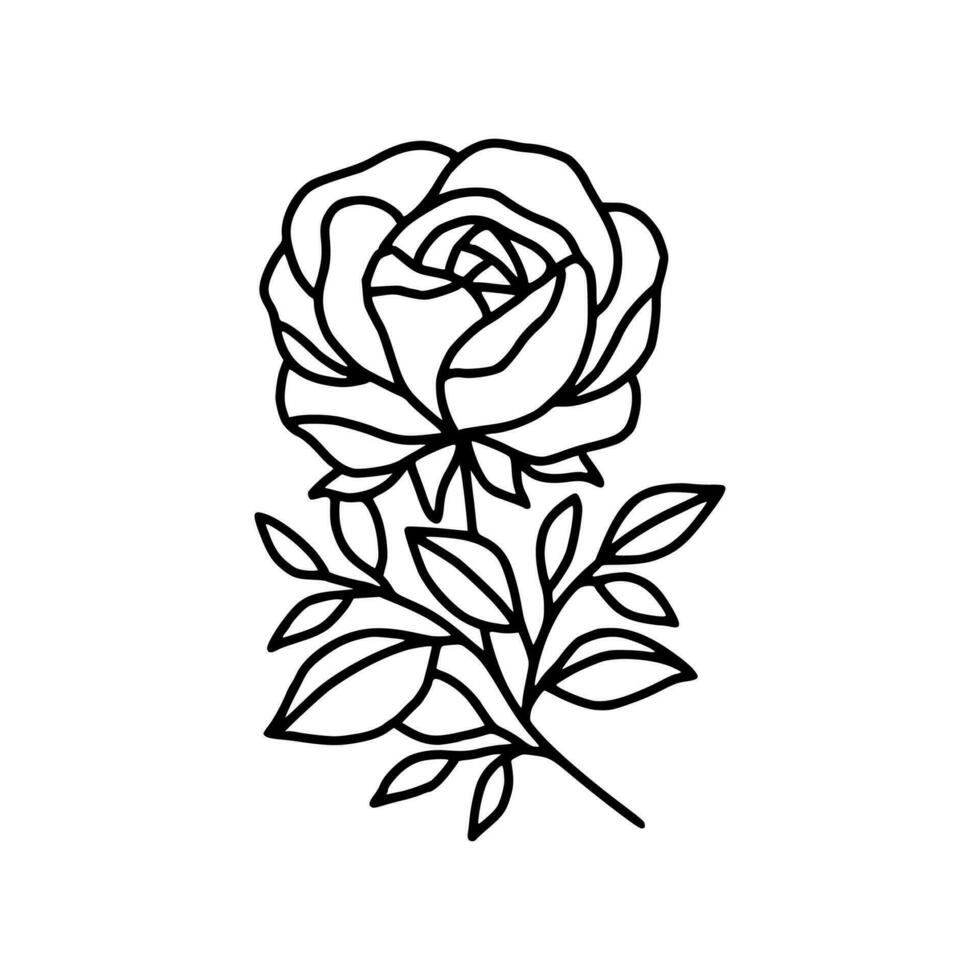 ancien main tiré Rose floral et feuille branche vecteur ligne art illustration