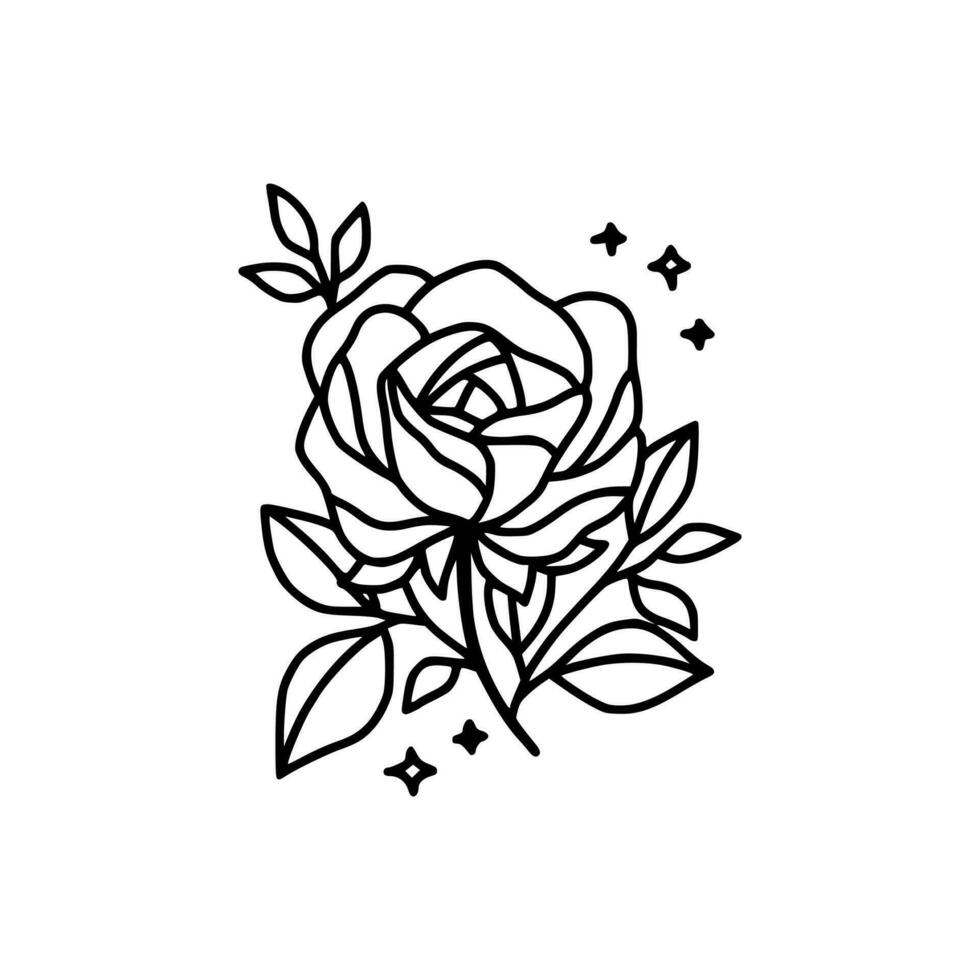 ancien main tiré Rose floral et feuille branche vecteur ligne art illustration