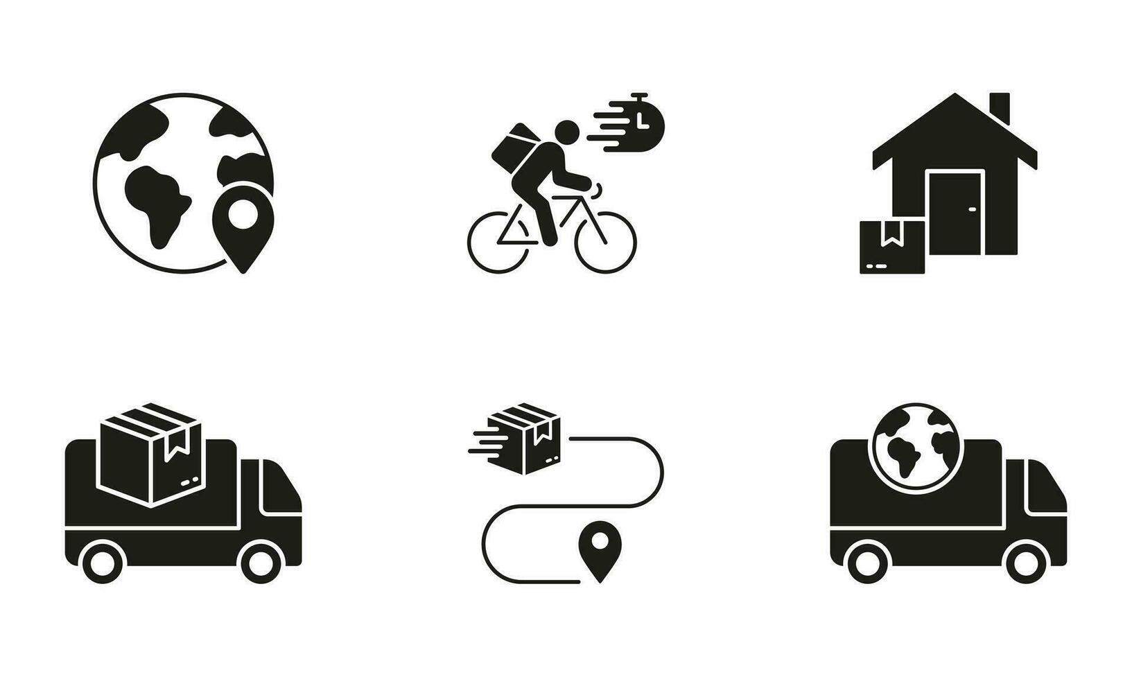 Express transport silhouette icône ensemble. à l'échelle mondiale livraison glyphe pictogramme. bicyclette livraison à Accueil solide signe. boîte, parcelle symbole collection. isolé vecteur illustration.