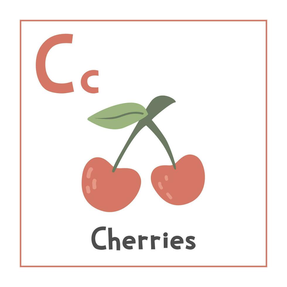 cerises clipart. cerises vecteur illustration dessin animé plat style. des fruits début avec lettre c. fruit alphabet carte. apprentissage lettre c carte. des gamins éducation. mignonne cerises vecteur conception