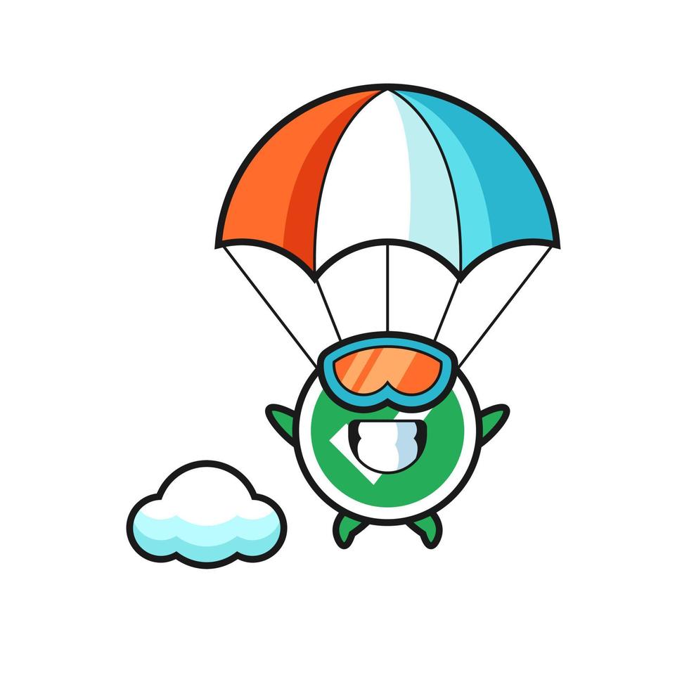 coche mascotte dessin animé saute en parachute avec un geste heureux vecteur