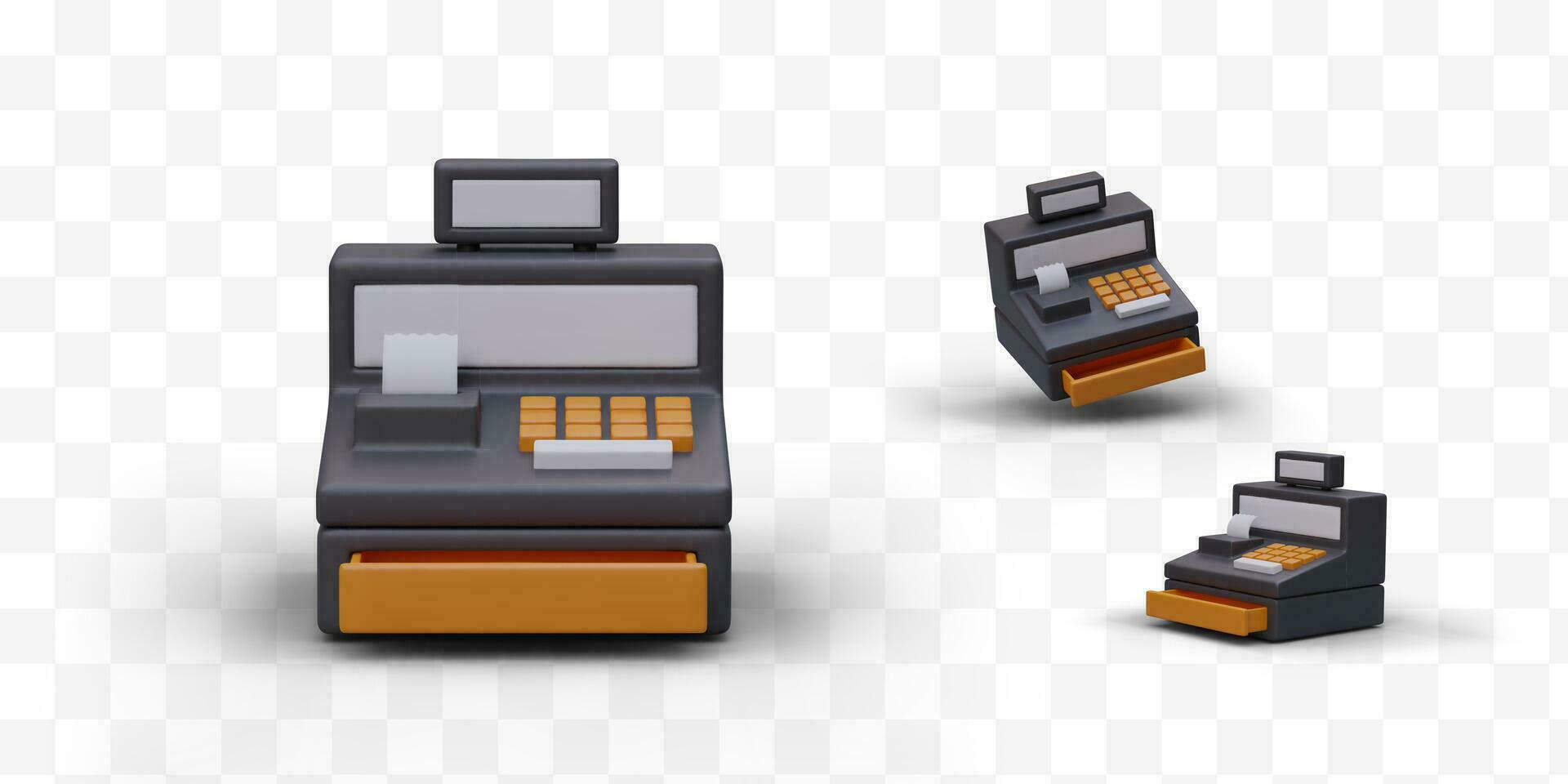 réaliste dessin animé 3d en espèces machine impression languette. calculatrice pour compte argent vecteur