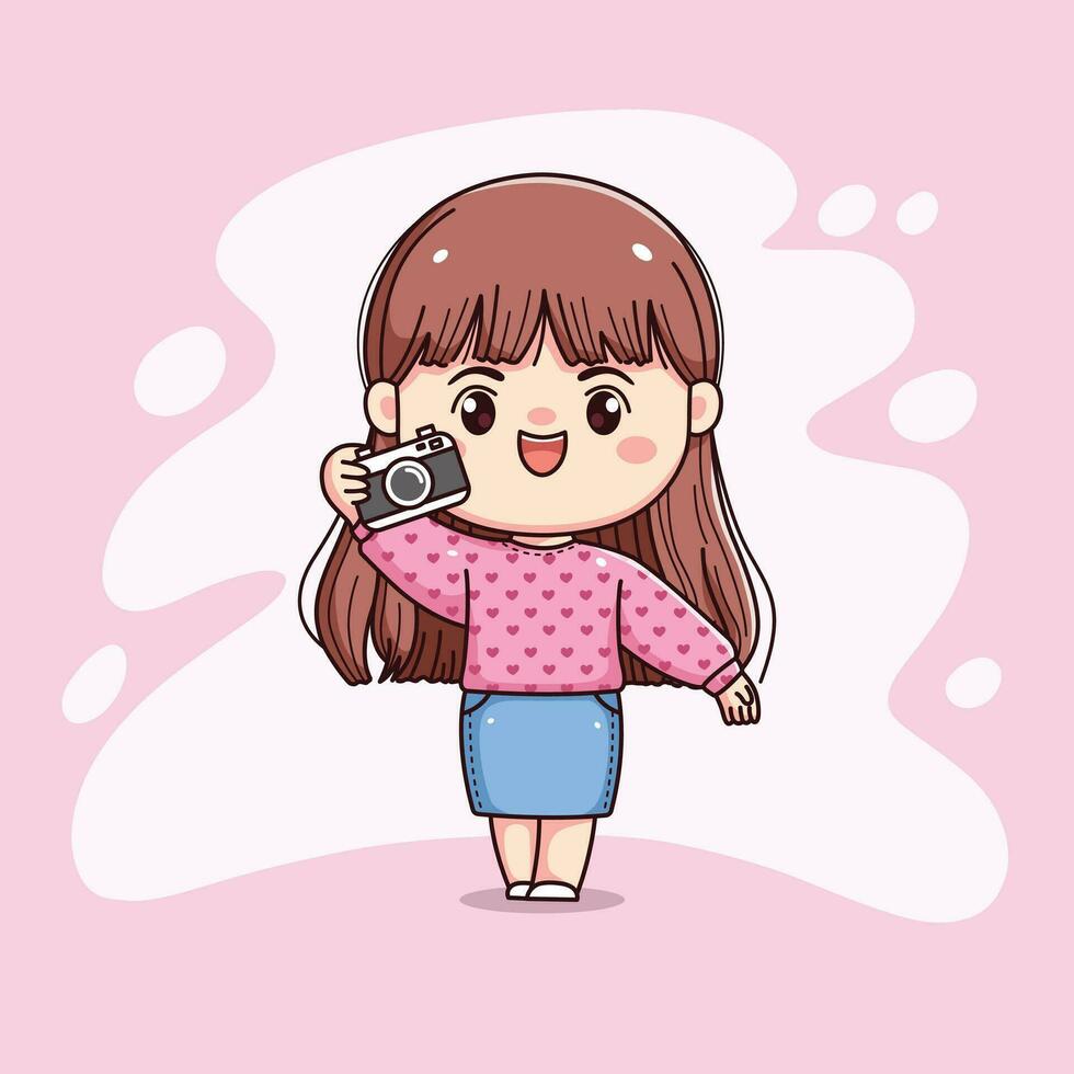 mignonne photographe fille longue cheveux avec rose chandail en portant caméra chibi kawaii vecteur