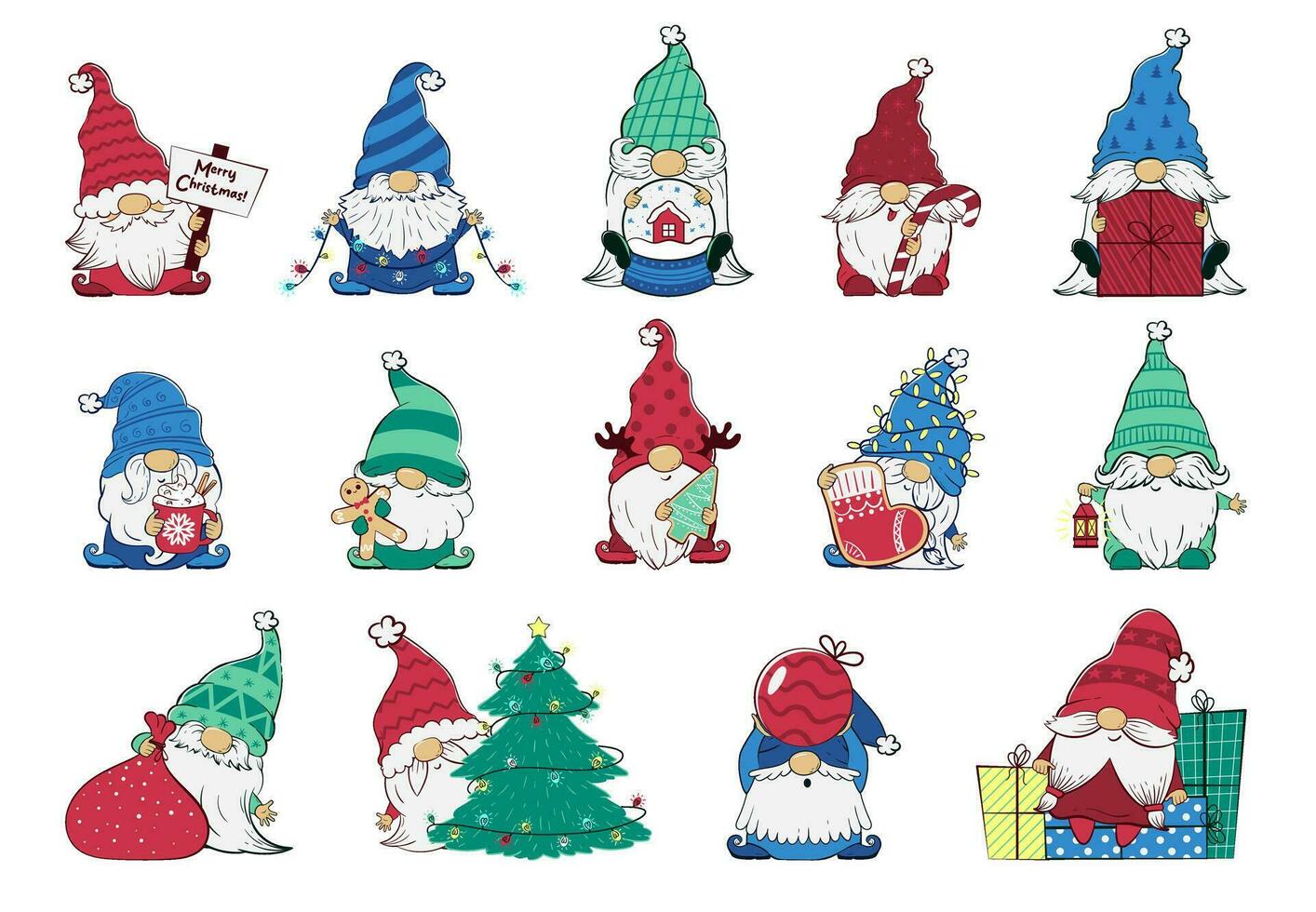 grand ensemble de Noël gnomes avec pain d'épice biscuits, lanternes, guirlandes, cacao, rayé bonbons canne, Noël arbre jouets, cadeaux et une neige globe. vacances dessin animé personnages. vecteur