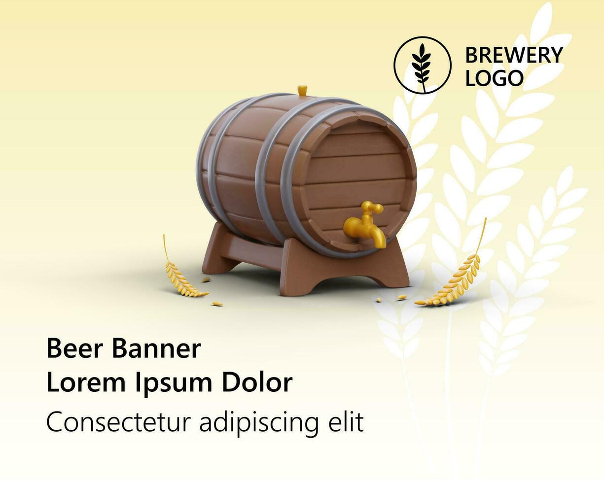 3d Bière baril sur Contexte de mûr blé oreilles. Bière La publicité bannière modèle vecteur