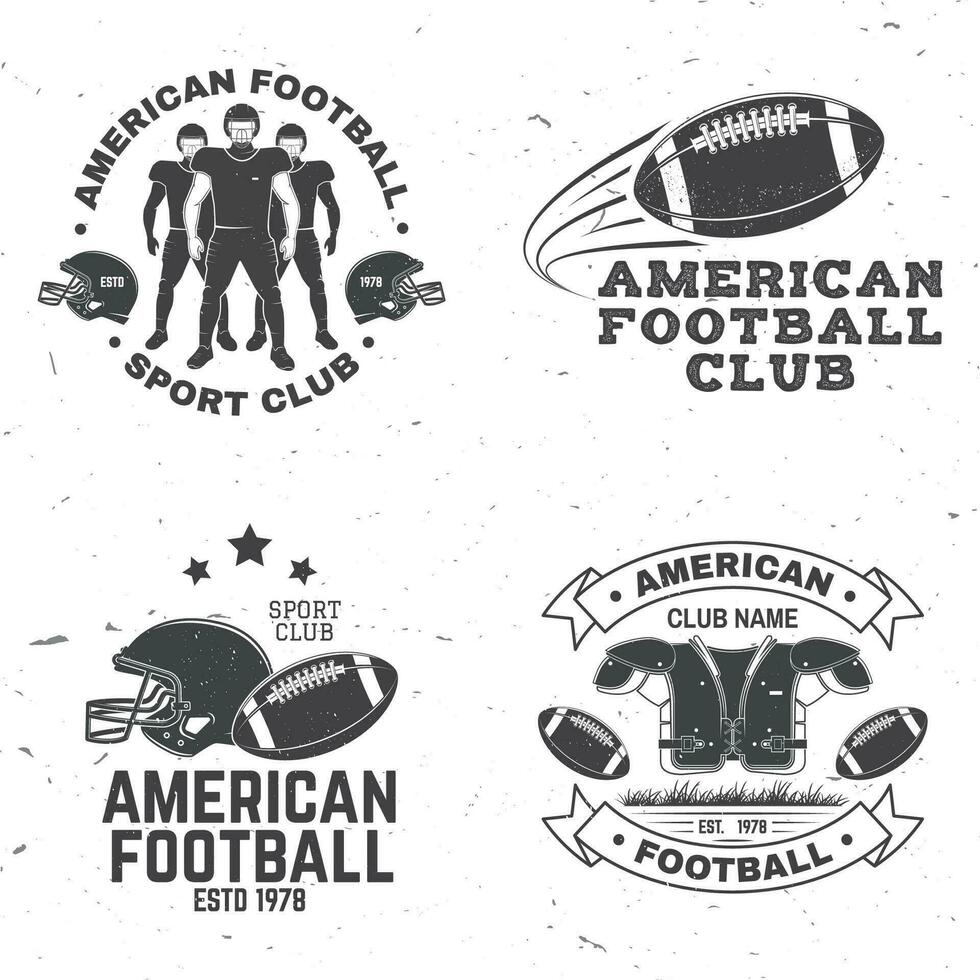 ensemble de américain Football ou le rugby club badge. vecteur pour chemise, logo, imprimer, timbre, correctif. ancien conception avec américain Football sportif joueur, casque, balle, herbe et épaule tampons silhouette