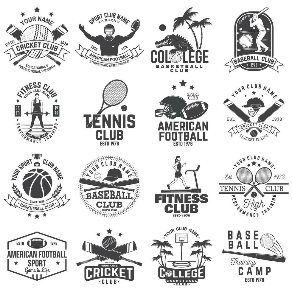 ensemble de américain football, aptitude, basket-ball, criquet, tennis, base-ball club badge. vecteur pour chemise, logo, imprimer, timbre. ancien conception avec sportif joueur, casque, Balle silhouette