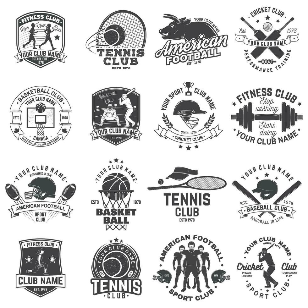 ensemble de américain football, aptitude, basket-ball, criquet, tennis, base-ball club badge. vecteur pour chemise, logo, imprimer, timbre. ancien conception avec sportif joueur, casque, Balle silhouette