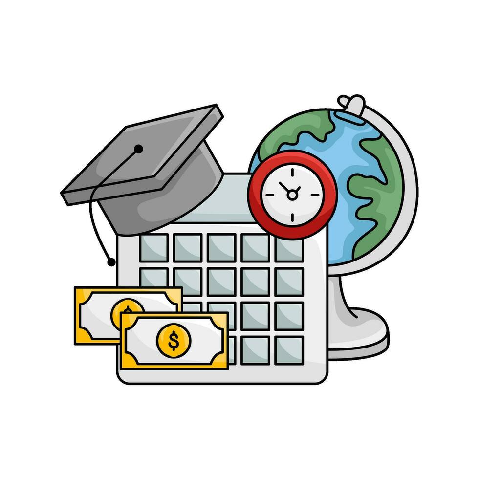 toge chapeau l'obtention du diplôme dans calendrier, l'horloge temps, argent avec globe illustration vecteur