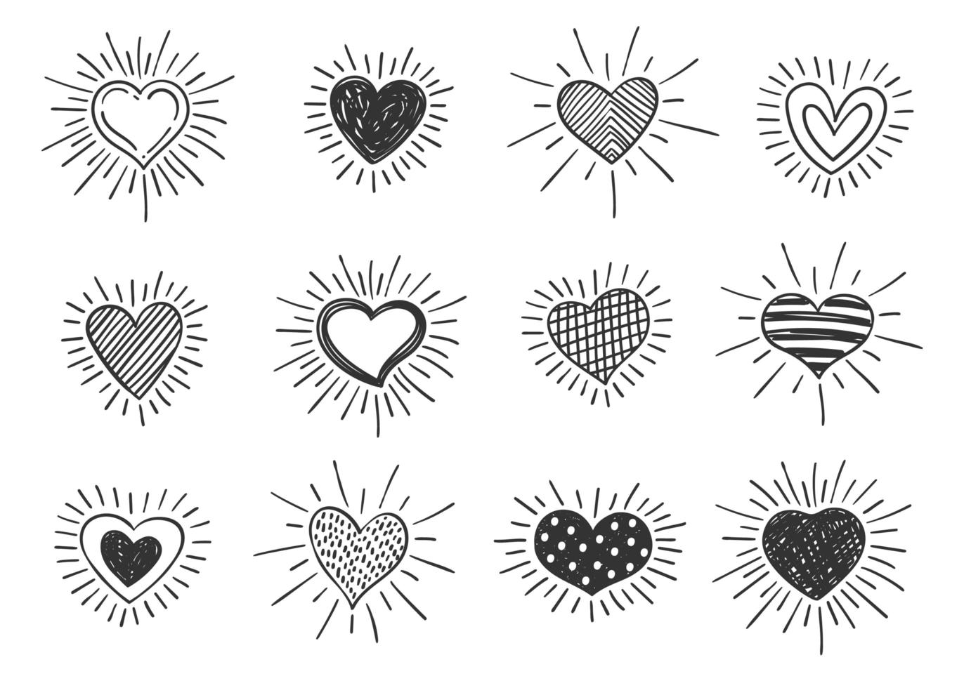 ensemble de symboles en forme de coeur décorés de griffonnage avec des rayons de soleil de style rétro. collection de différents coeurs romantiques dessinés à la main pour la conception d'autocollants, d'étiquettes, de logos d'amour et de la Saint-Valentin. vecteur