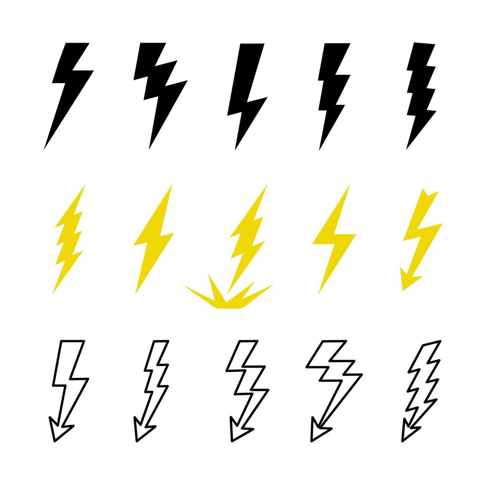 ensemble de logos vectoriels éclairs. concept d'énergie et d'électricité. flash avec des rayons. symboles de puissance et électriques, grande vitesse, rapidité et emblème rapide. vecteur