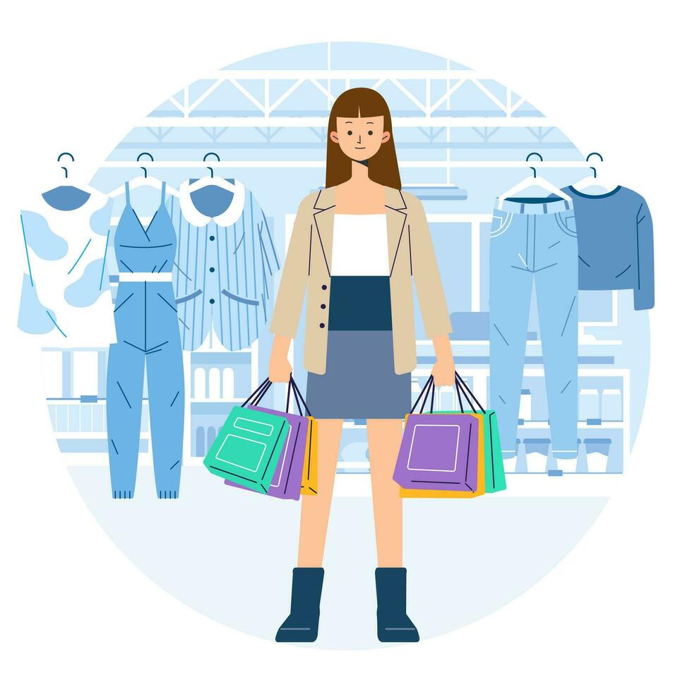 Jeune bonheur joyeux Shopaholic élégant à la mode femme à vente au détail centre commercial boutique porter achats Sacs vecteur