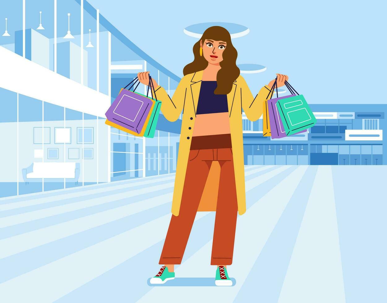 Jeune bonheur joyeux Shopaholic élégant à la mode femme à vente au détail centre commercial boutique porter achats Sacs vecteur