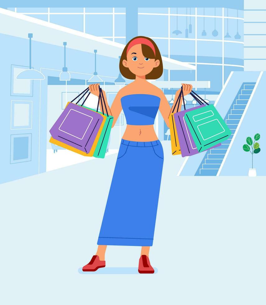 Jeune bonheur joyeux Shopaholic élégant à la mode femme à vente au détail centre commercial boutique porter achats Sacs vecteur