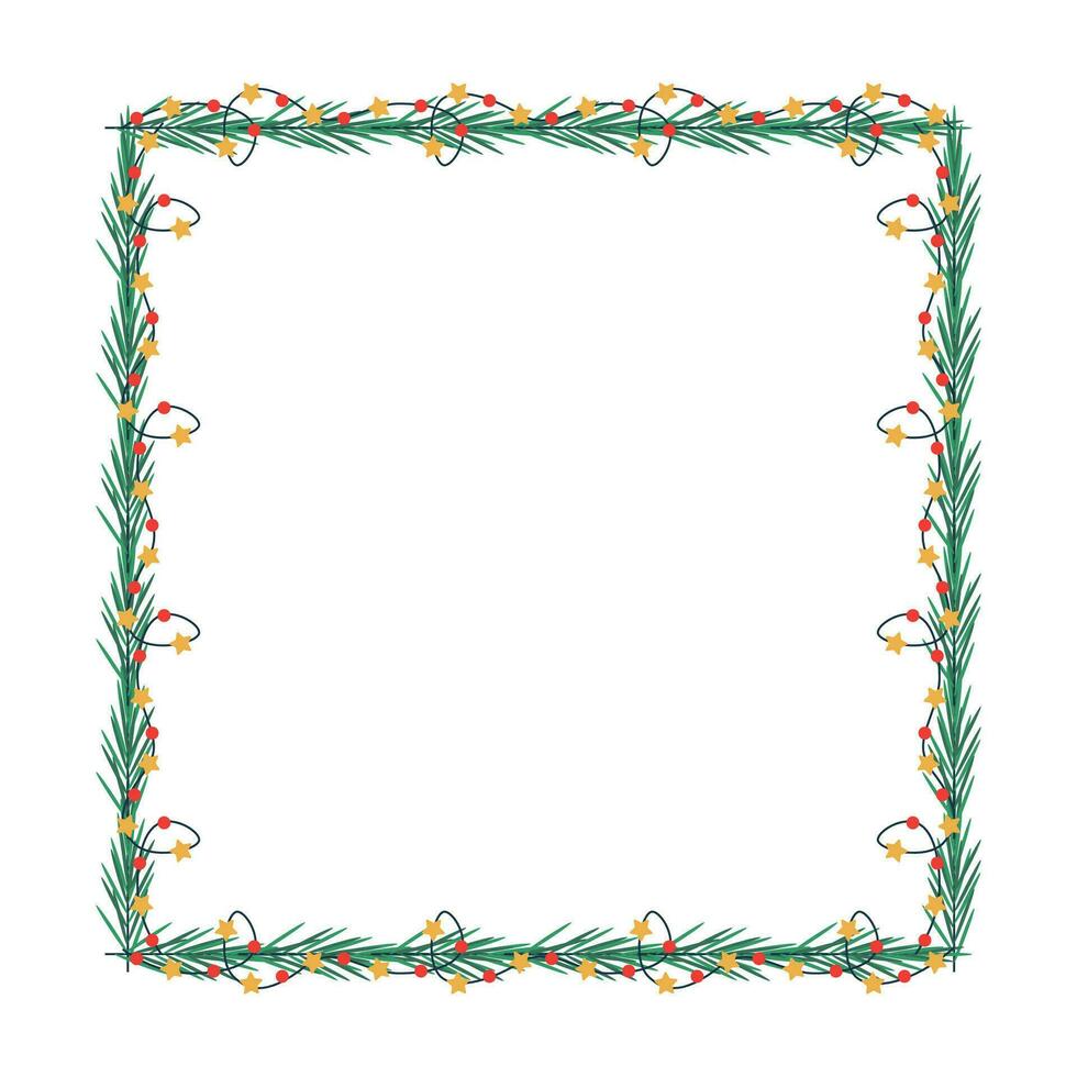 Noël cadre, guirlande avec lumière ampoules, arbre branche. vecteur