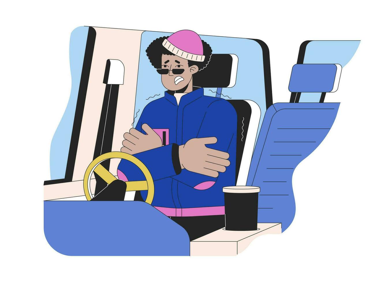 survivre piégé dans voiture dans neige ligne dessin animé plat illustration. latino homme gelé à l'intérieur véhicule 2d lineart personnage isolé sur blanc Contexte. grelottant sans pour autant chauffe-eau scène vecteur Couleur image