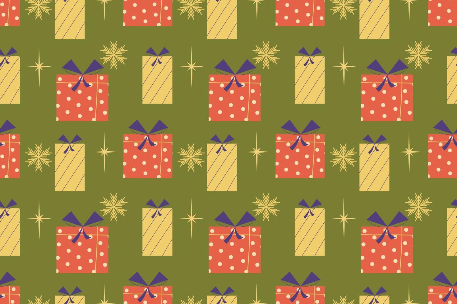 motif rétro sans couture avec des cadeaux et des flocons de neige. illustration vectorielle dans un simple style moderne du milieu du siècle design couleurs vintage. modèle de noël pour les cadeaux. vecteur